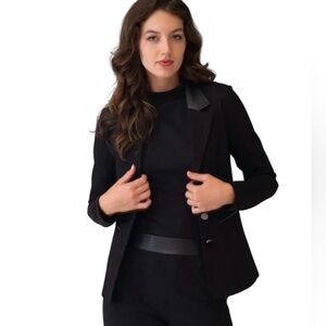 Adrienne Landau Black Sculpt Blazer with Faux Leather Collar with Pockets.